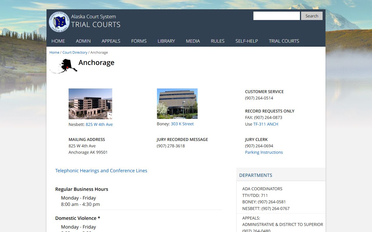 Anchorage Trial Courts directory for Anchorage Municipality family court records