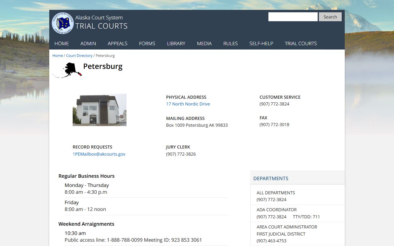 Petersburg Alaska District Court page showing contact info for family court records access