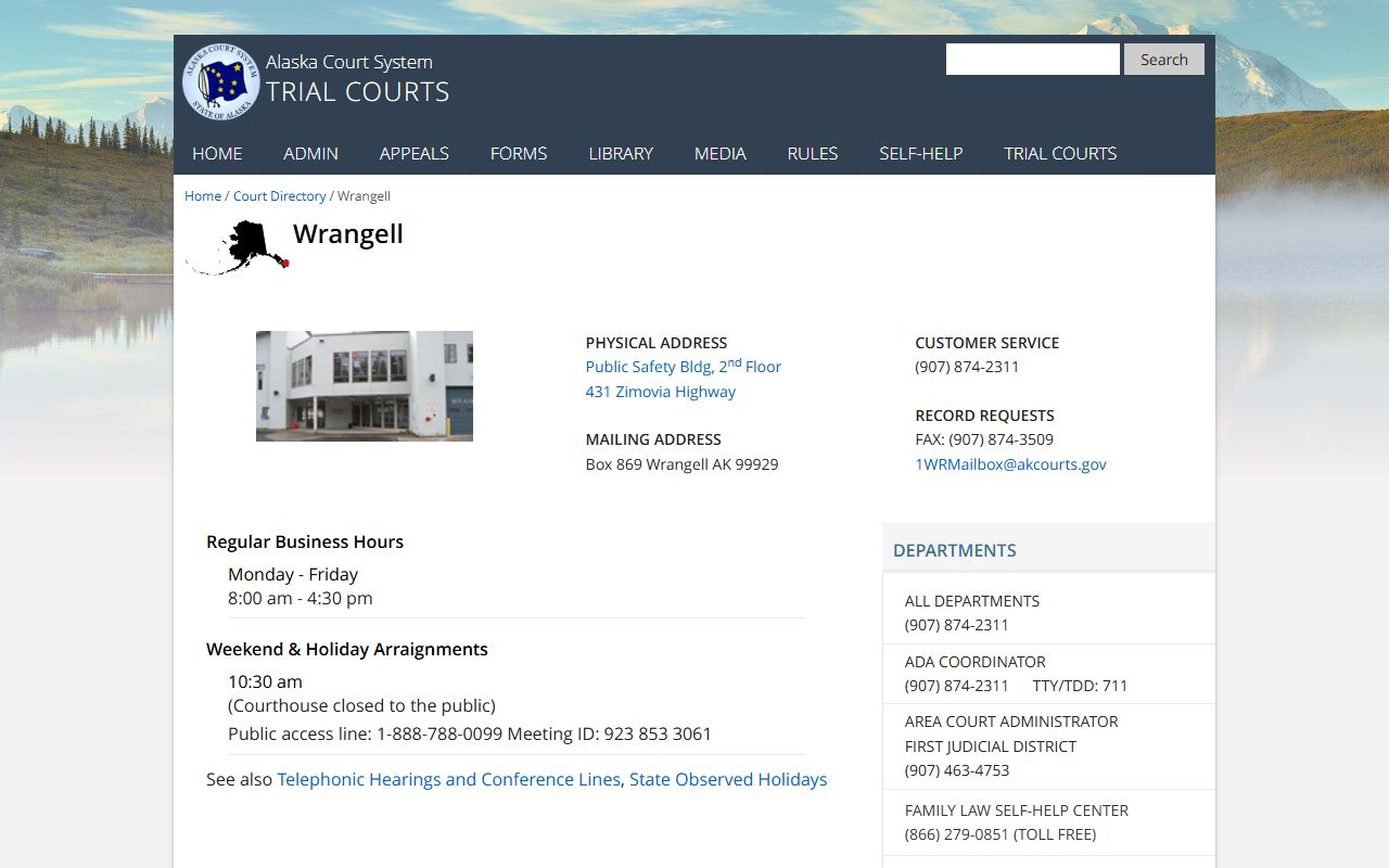 Wrangell Court directory page on the Alaska Court System website for family court records