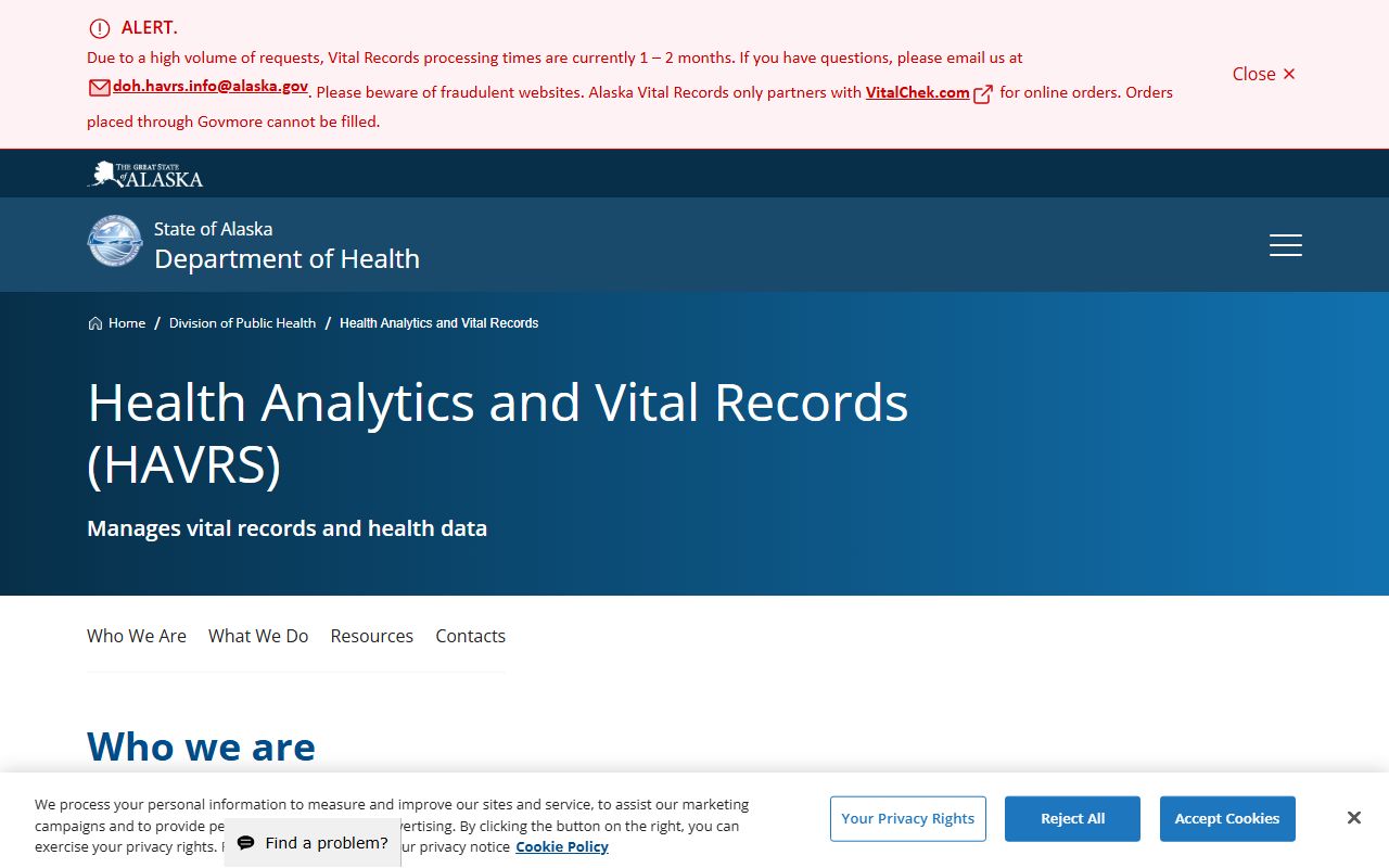 Alaska Department of Health vital records related to family court records