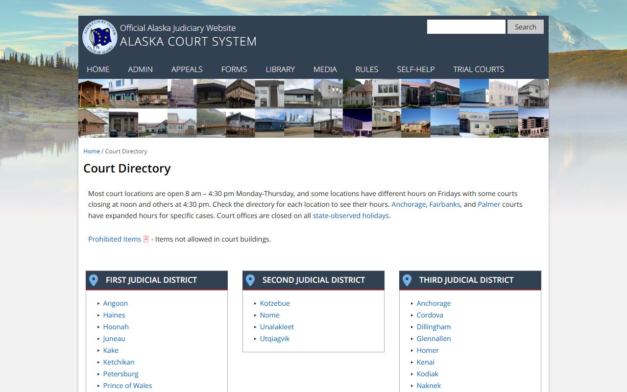 Alaska court directory with locations and hours for family court records