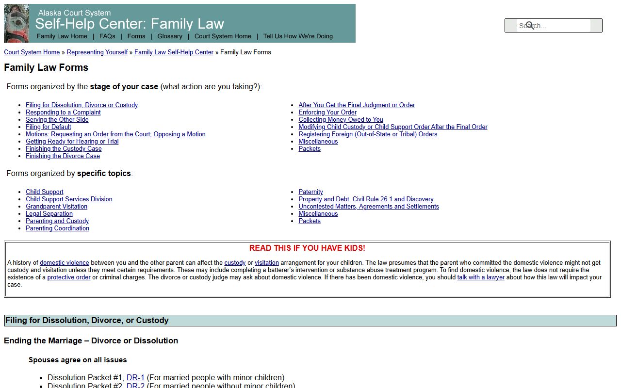 Alaska Family Law Self-Help Center forms for family court cases